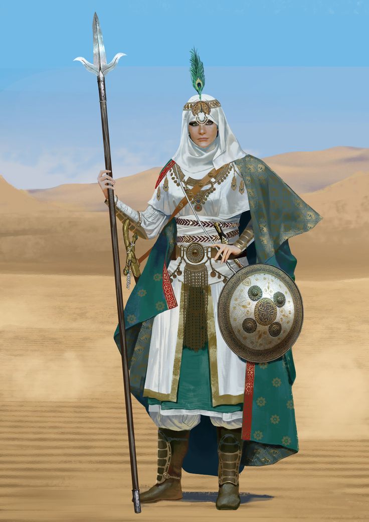 a painting of a man dressed in medieval clothing holding a spear and shield, standing in the desert