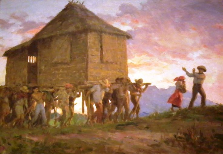 an oil painting of people standing in front of a building with a sunset behind them