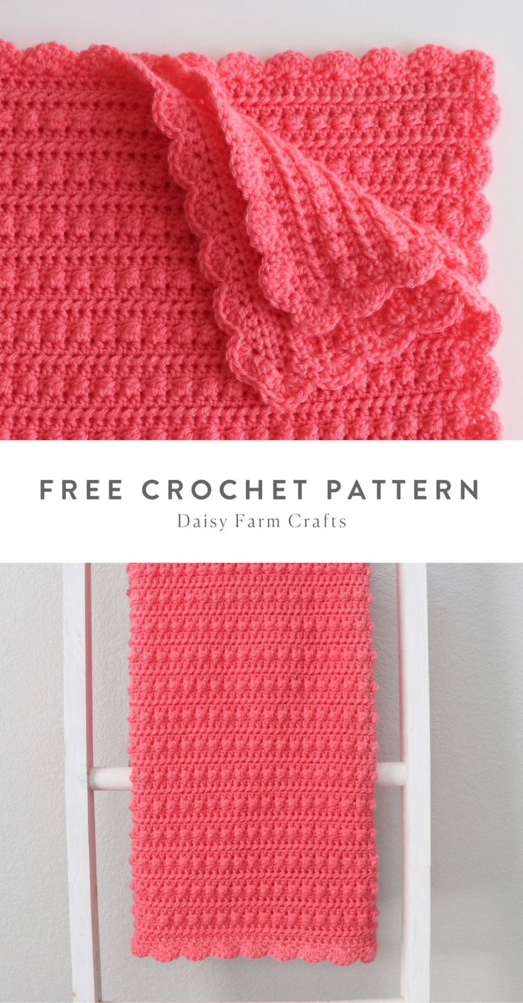 a pink crocheted blanket hanging on a white ladder with the words free crochet pattern