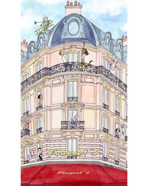 a drawing of a building with people standing on the balcony and looking up at it