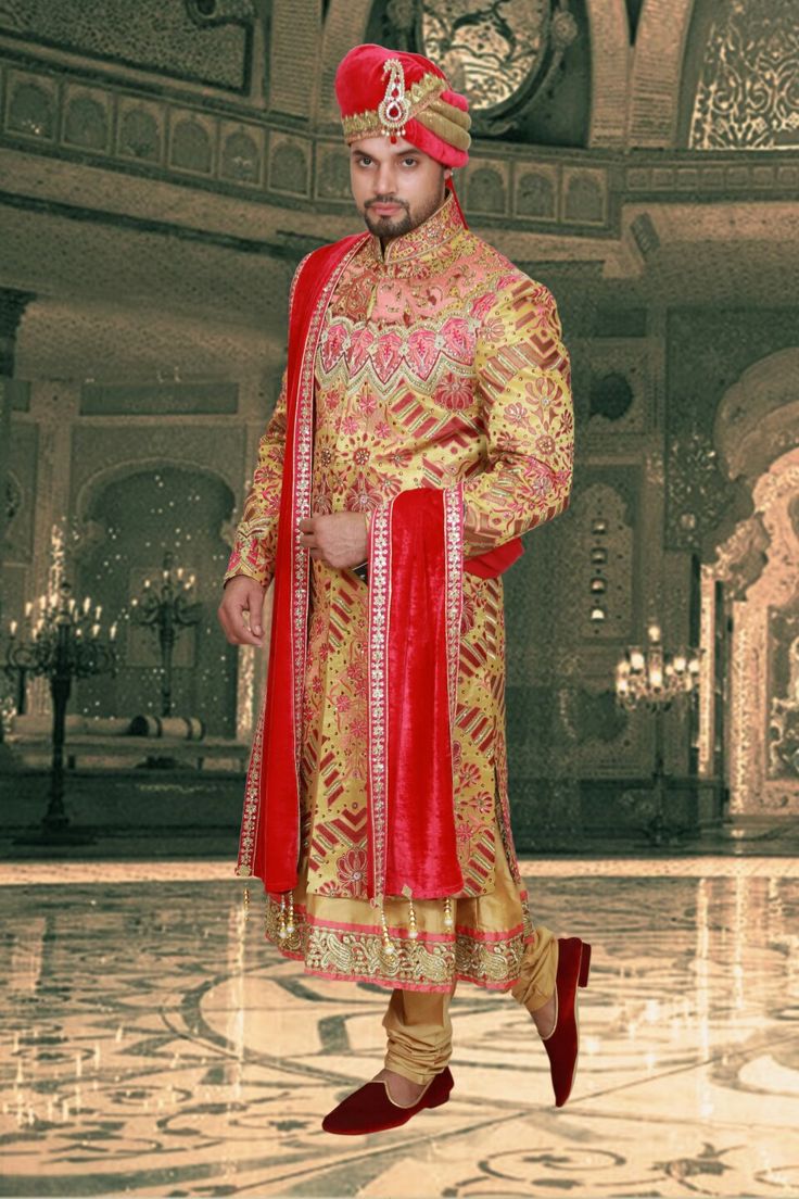 a man in a red and gold outfit standing on a tile floor next to a clock