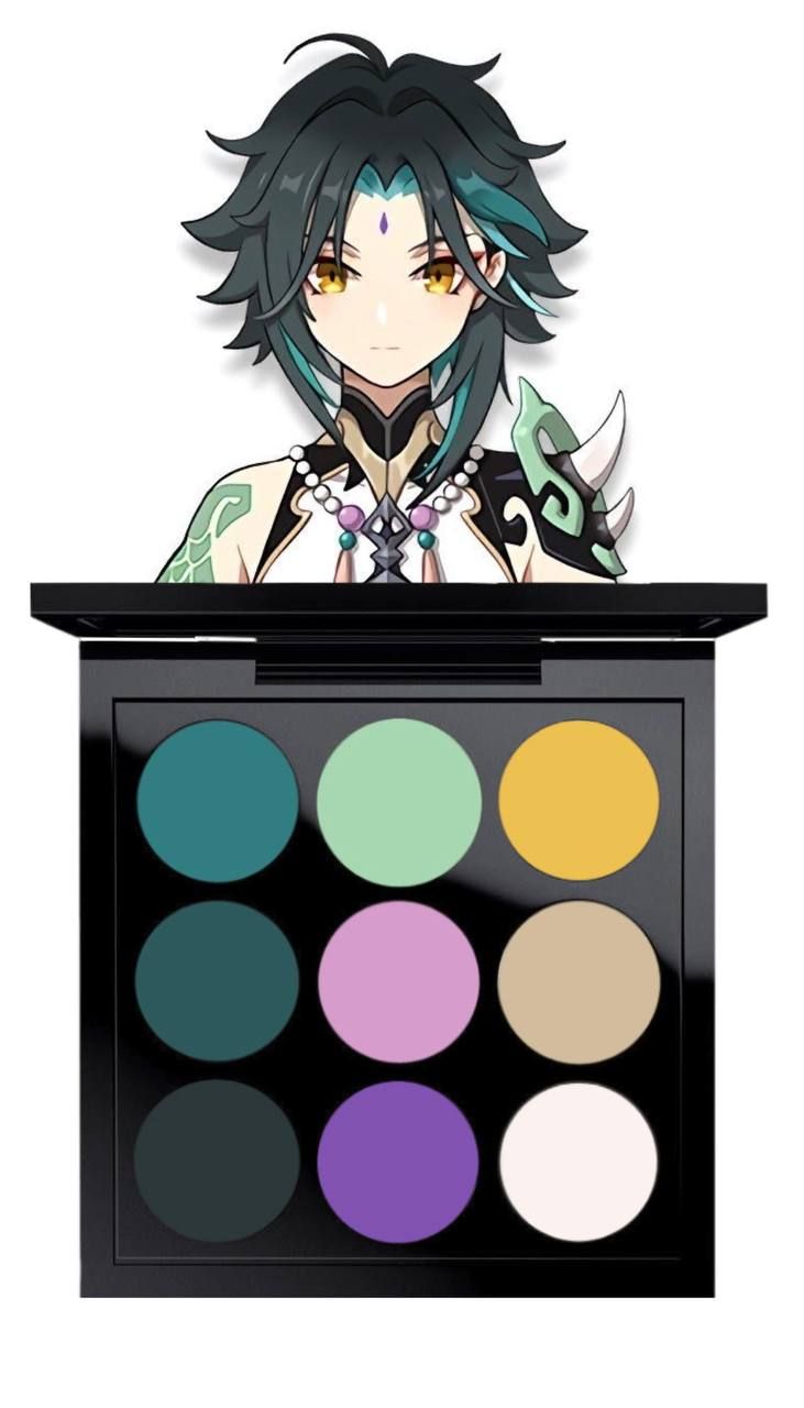 an anime character is standing behind a makeup palette