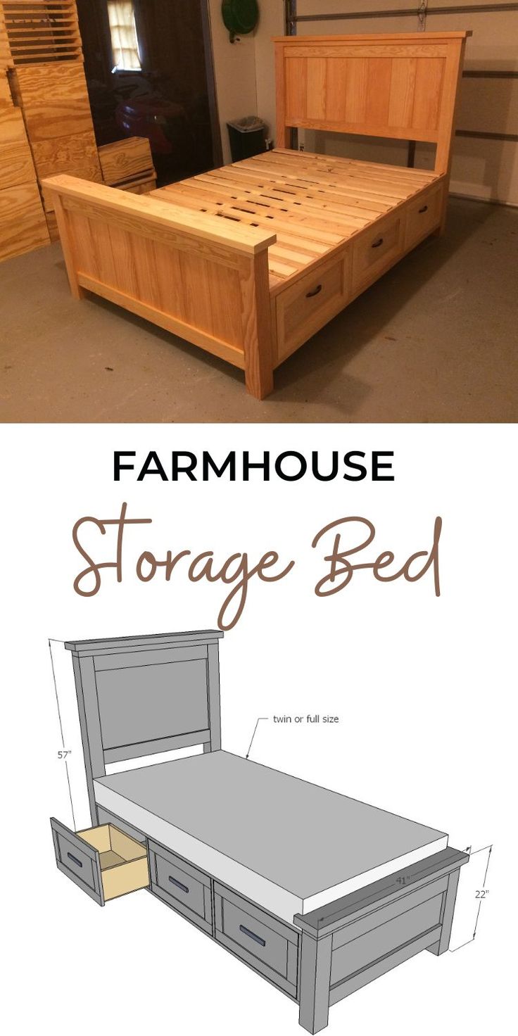 a bed frame with drawers underneath it and the words farmhouse storage bed below