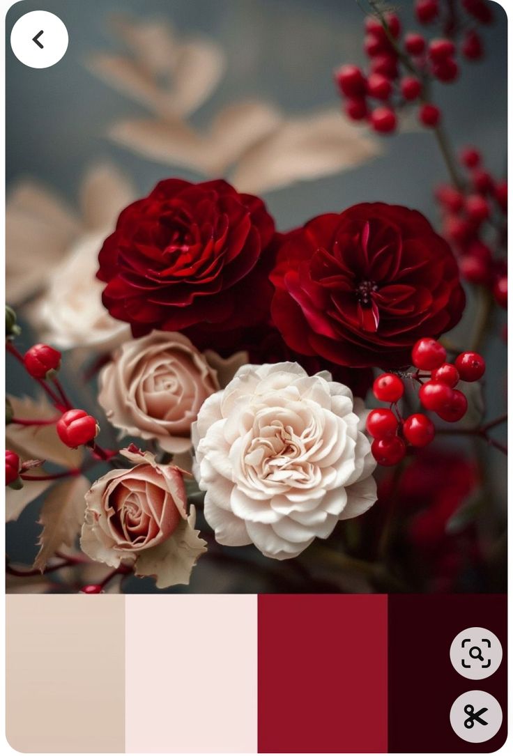 red and white flowers in a vase with berries on the bottom right hand corner is a color palette