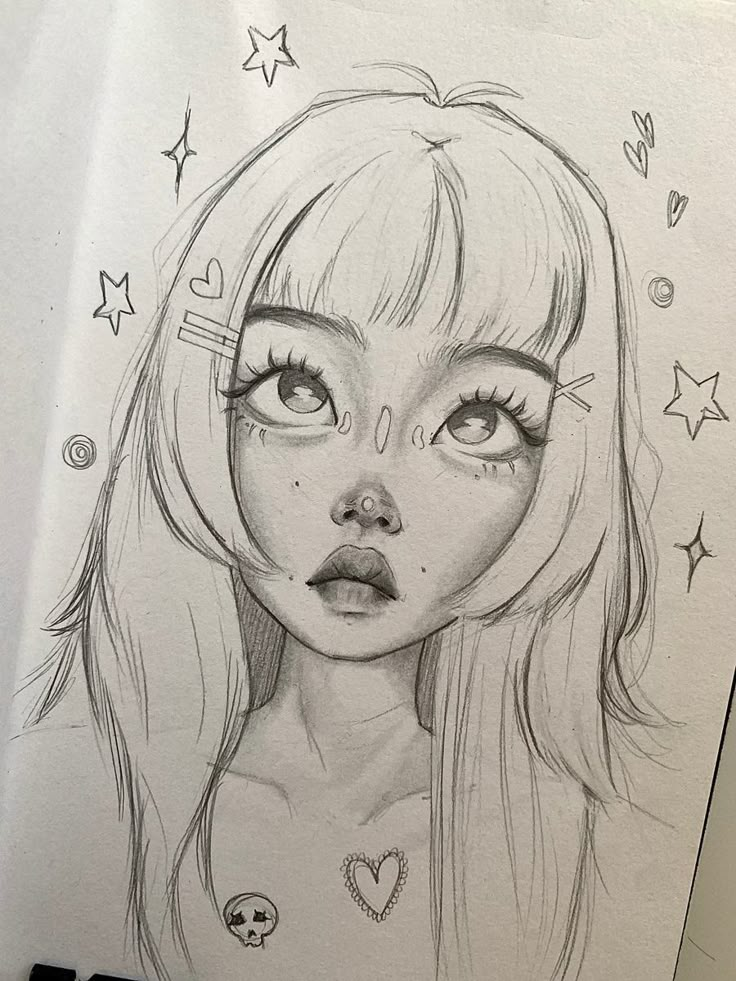 a pencil drawing of a girl with stars on her head and eyes, looking to the side