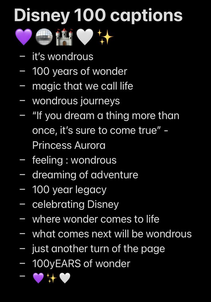 the disney 100 captions list is shown in purple and black with hearts on it