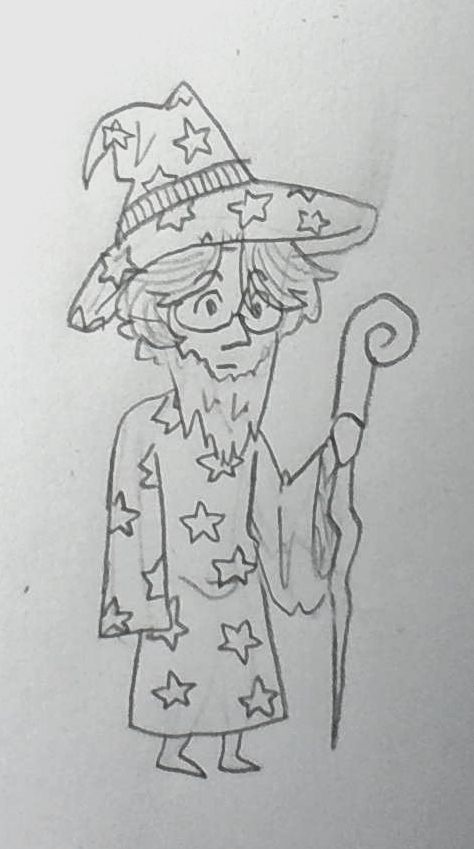 a drawing of an old man with stars on his hat and holding a cane in one hand