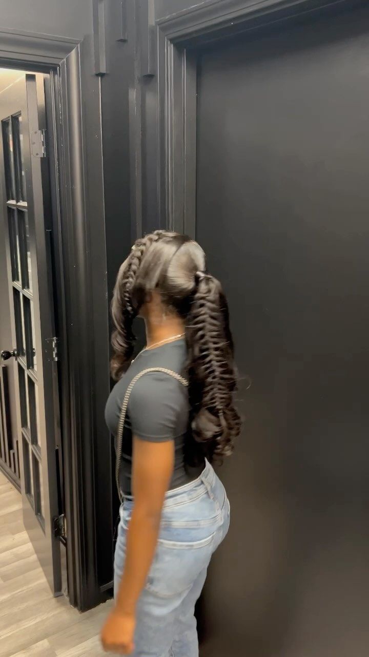 @Arianalexisss | Mid high ponytail w/ feather braids & bang 😍🔥 | Instagram High Ponytail With Two Bangs, Two High Braided Ponytails, Mid High Ponytail, Bang With Ponytail, Braided Ponytail With Bangs, Feather Braids, Curled Bangs, Curled Ponytail, Bangs Ponytail