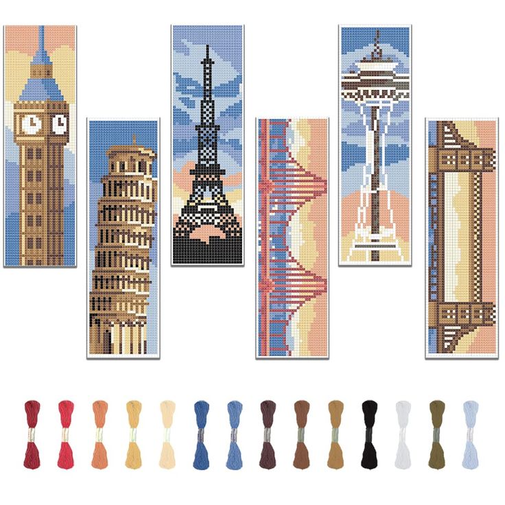 a cross stitch pattern with the eiffel tower and other buildings in different colors