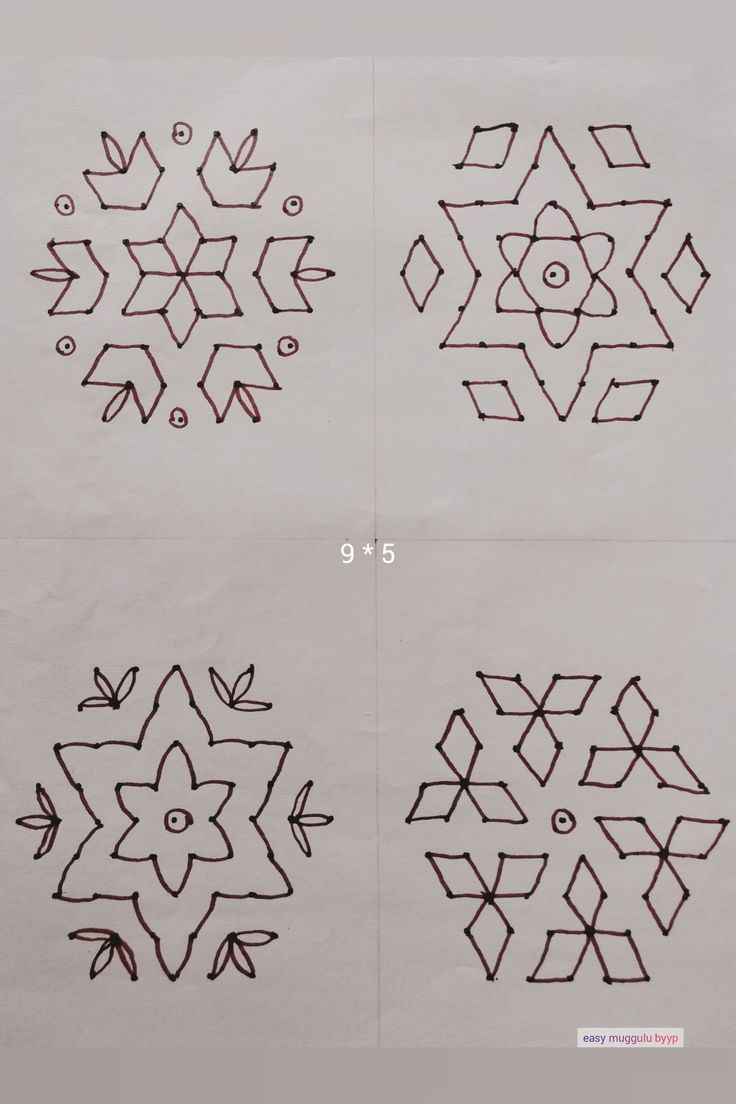 four different designs drawn on paper with the numbers six and five in each one corner