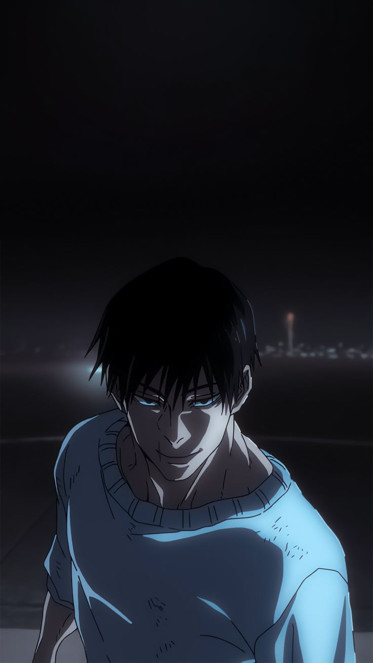 an anime character standing in the dark with his head turned to the side and eyes closed