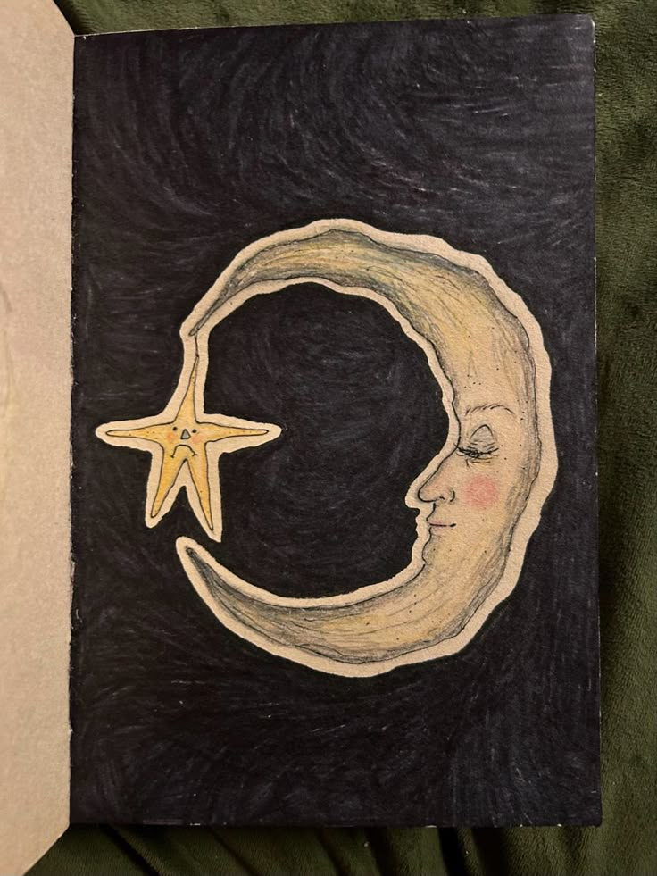 sketchbook, sketchbook page, sketchbook inspo, drawing, art, Sun And Moon Sketch Simple, Moon Doodles Aesthetic, Moon Color Pencil, Cool Moon Drawings, Star Night Drawing, Things To Draw For Wall Decor, Animals In Space Drawing, Vintage Star Drawing, Star With Face Drawing