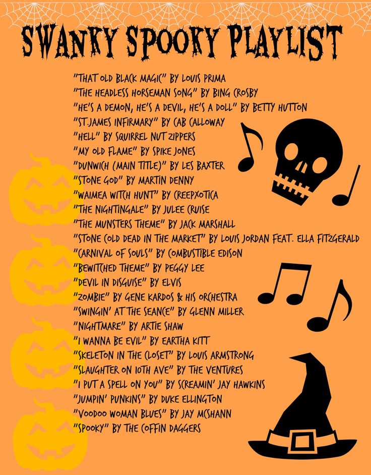 an orange poster with music notes and a skull on the bottom right hand corner, which reads swany spooky playlist