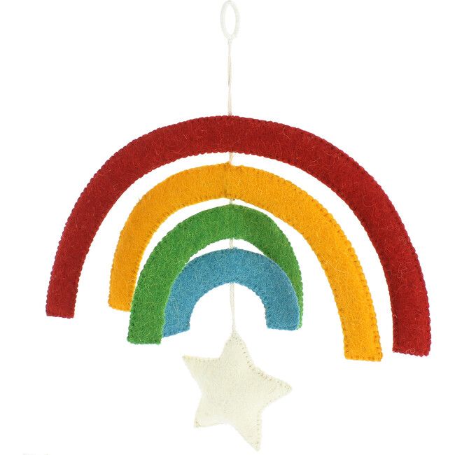 a rainbow mobile hanging from a string with a white star on the bottom and green, yellow, red, orange, and blue stripes