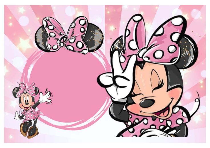 minnie mouse with pink and white polka dots on her head, standing next to a pink background