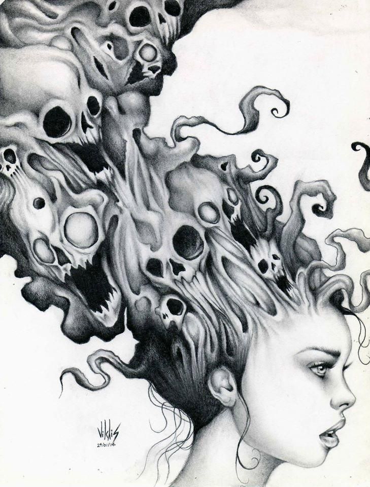 a drawing of a woman with skulls on her head