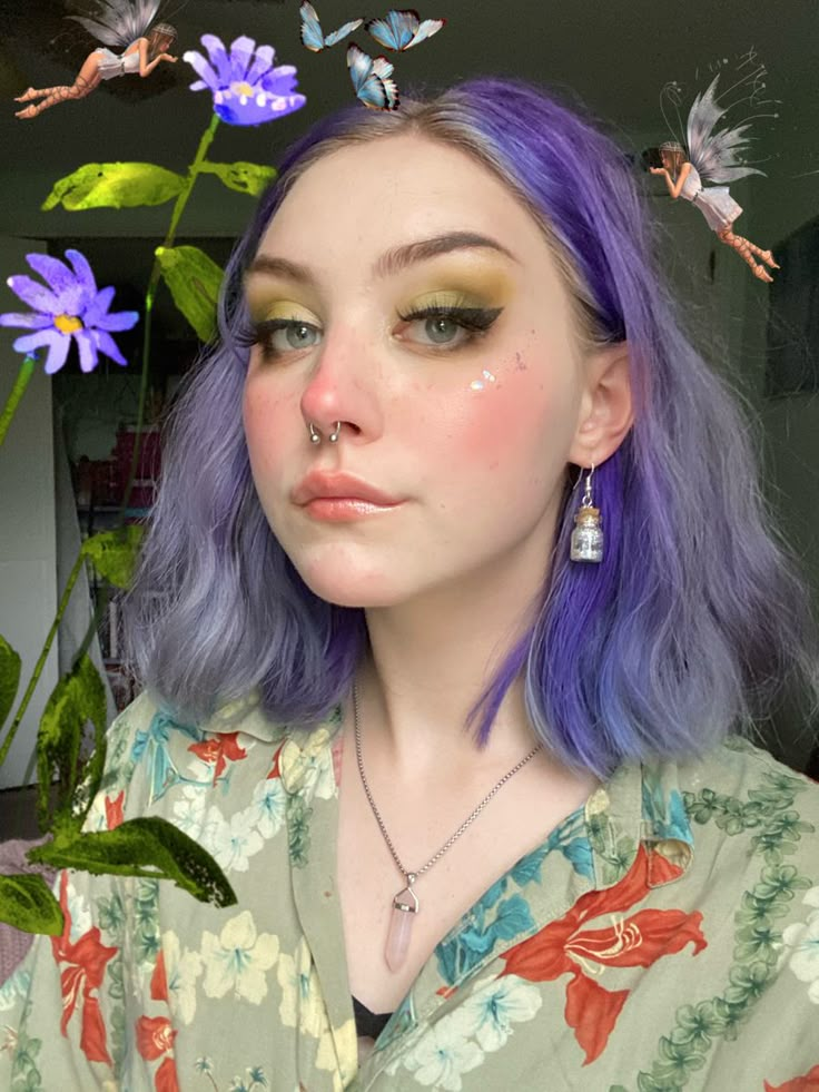 Purple Hair Makeup Looks, Fairy Hair And Makeup Ideas, Fairy Wedding Makeup Look, Pretty Fairy Makeup, Purple Hair Makeup Ideas, Fairy Makeup Purple, Fae Aesthetic Makeup, Fairy Make Up Ideas, Purple Hair Fairy