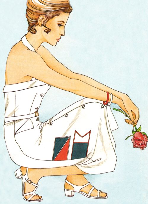 a drawing of a woman kneeling down holding a rose