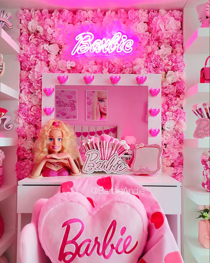 a barbie doll room with pink flowers and hearts