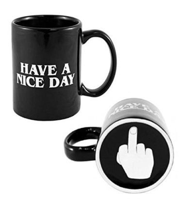 two black coffee mugs with white lettering on them, one has a hand and the other has a finger