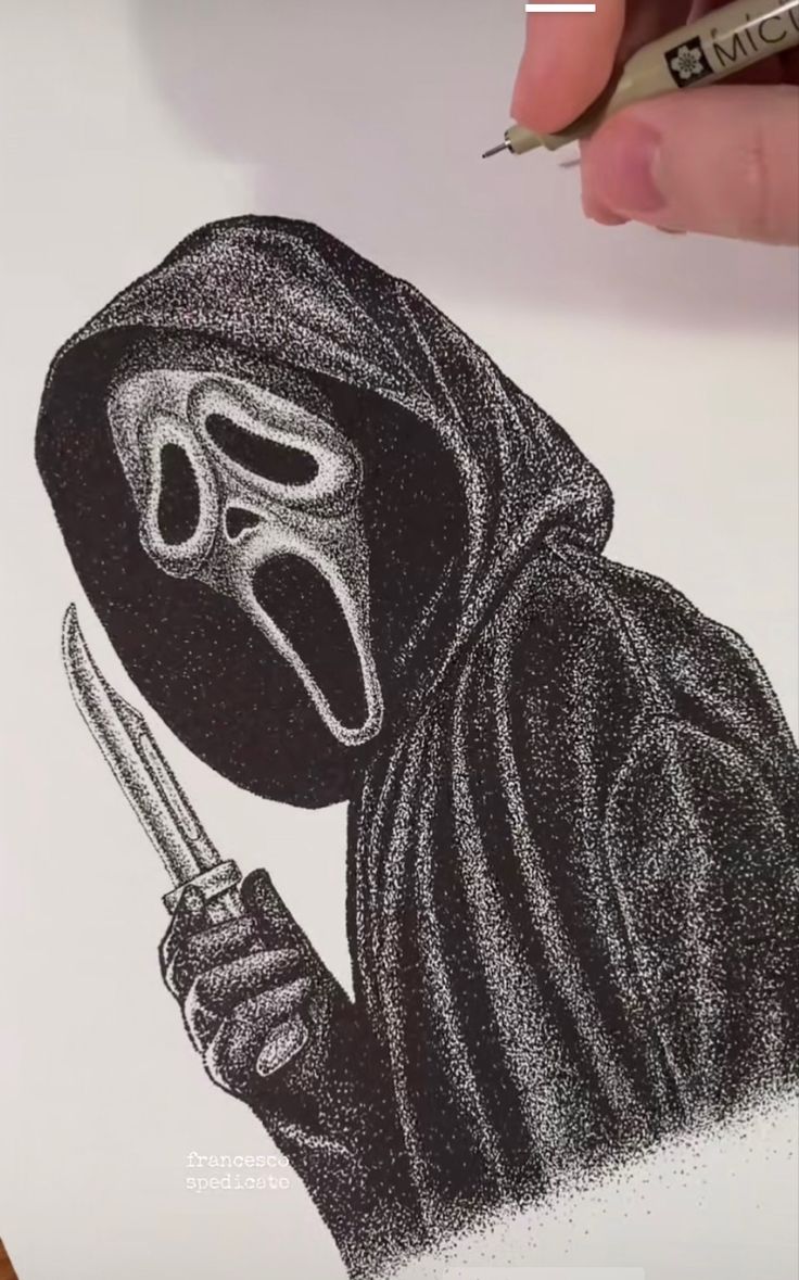 a drawing of a person with a mask holding a knife and wearing a black hood