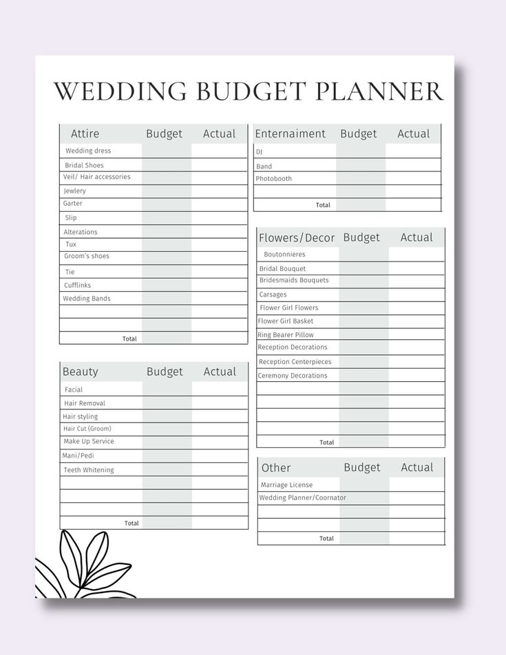 the wedding budget planner is shown in black and white, with an image of a flower on