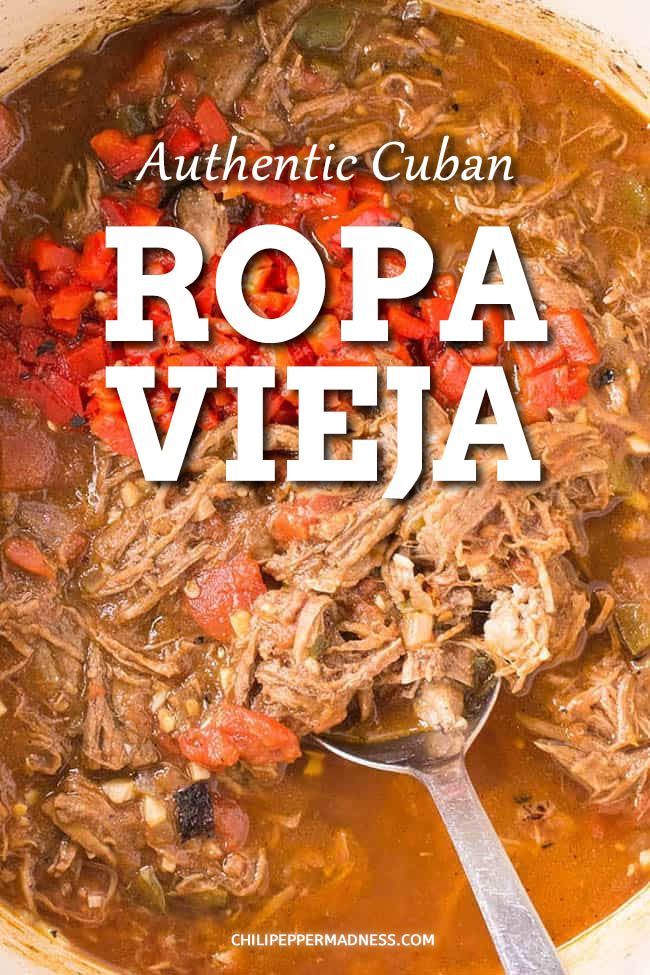 an image of a bowl of cuban ropa vieja soup with text overlay