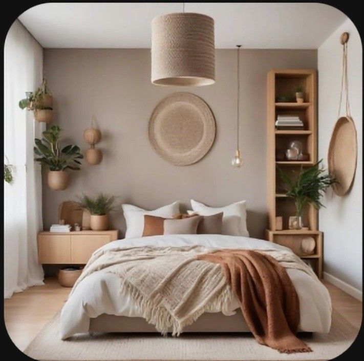 a bedroom with a bed, bookshelf and potted plants