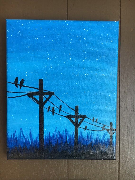 a painting of birds sitting on an electric line at night with stars in the sky