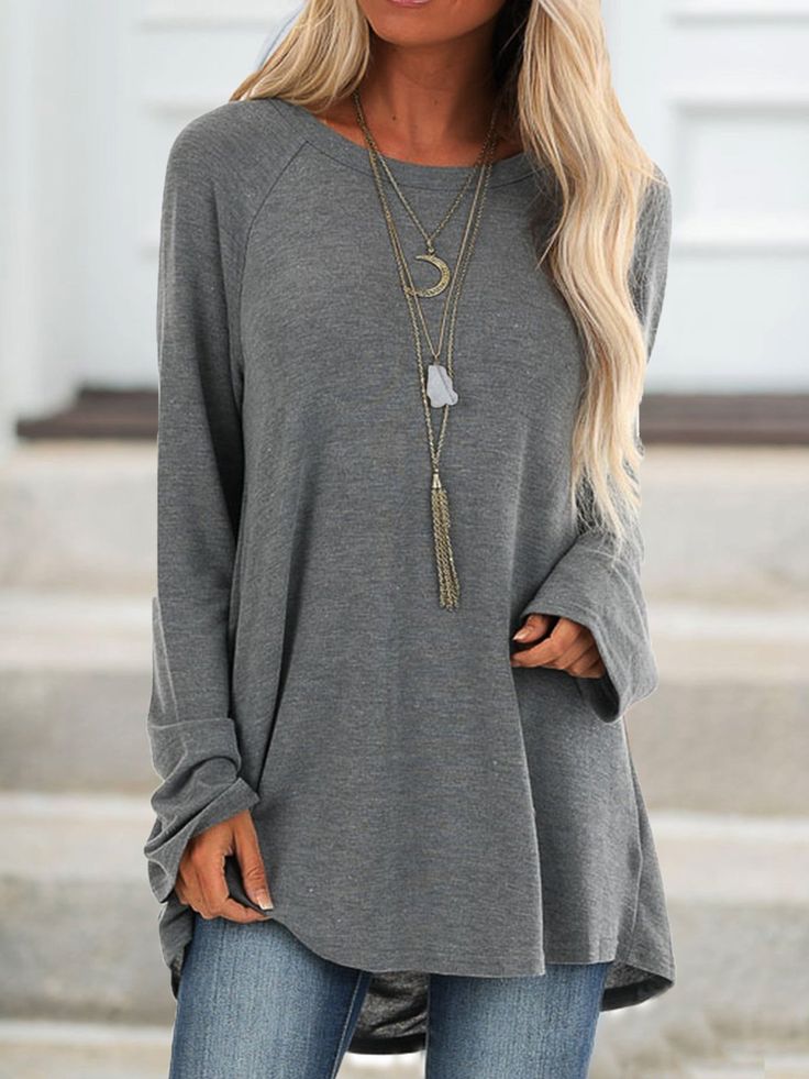 Jersey Casual Raglan Sleeve Crew Neck Long Sleeve Tops is fashionable and cheap, come to Justfashionnow to find out about the Clothing Loose Fit Shirts, Round Neck Shirt, Knit Tunic, Outfit Casual, Long Sleeve Casual, Daily Fashion, Casual Outfit, Women Long Sleeve, Casual Women