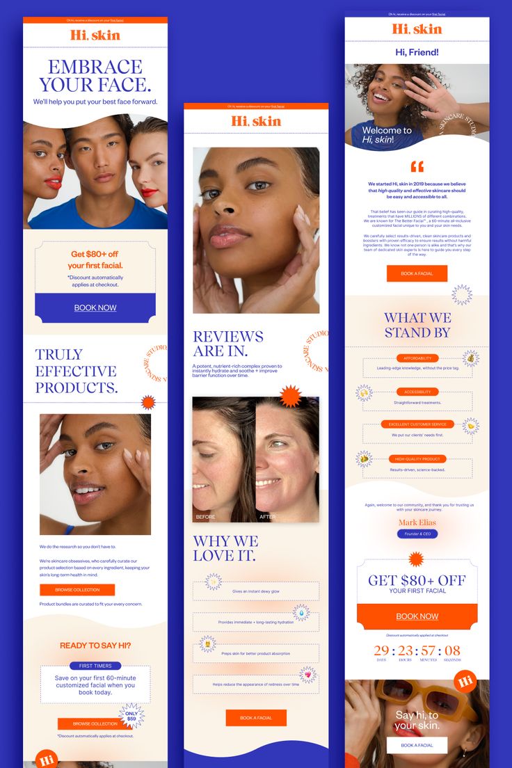 three different webpages for beauty products on blue background with orange and white accents