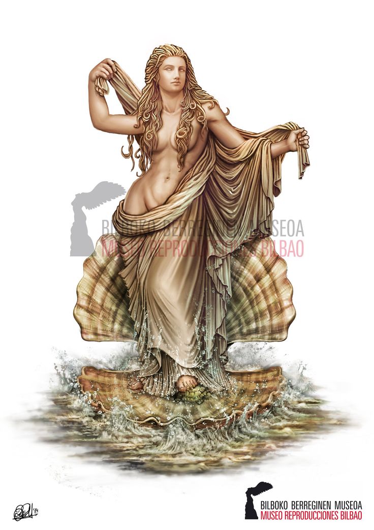 a statue of a woman with long hair holding a shell in her hand and standing on the