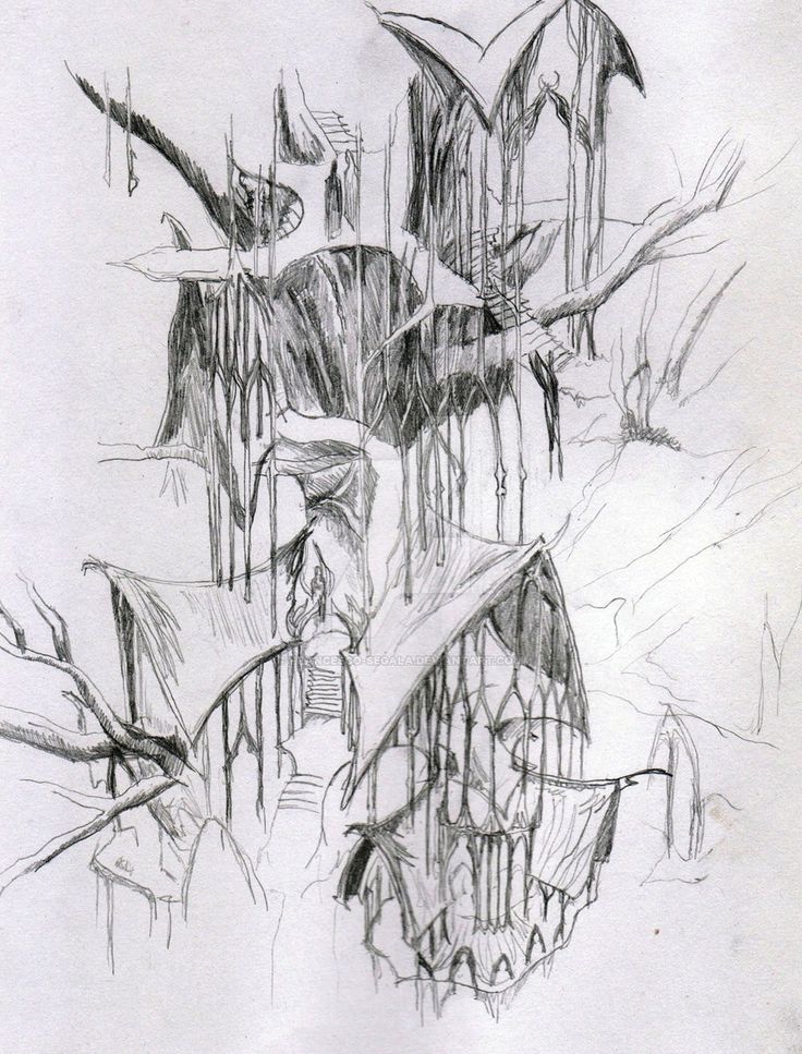 this is a drawing of a house in the woods with icicles hanging off it's roof