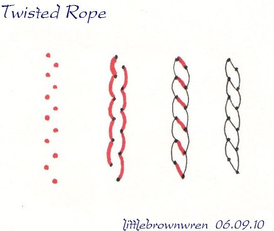 a drawing of twisted rope on a white paper with red dots in the middle and bottom