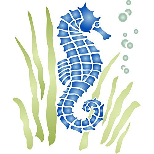 a blue seahorse sitting on top of some green plants and algaes in the ocean