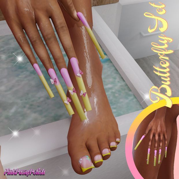 an image of a woman's feet with pink and yellow nail polish on them