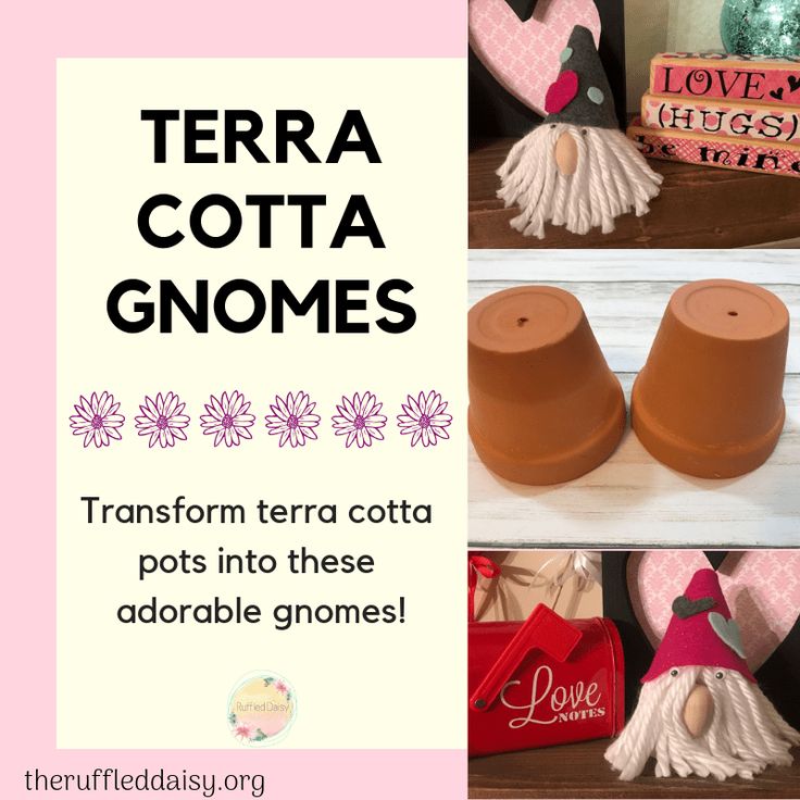 there are three different types of terracotta gnomes on the shelf in this collage