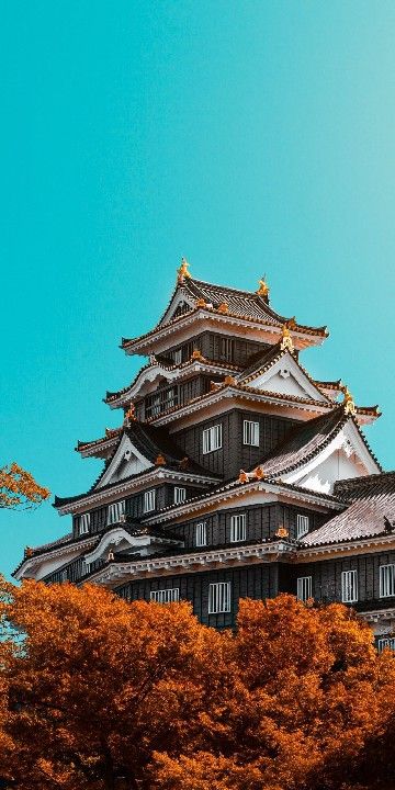 the tall building is surrounded by trees with orange leaves on it's sides and blue sky in the background