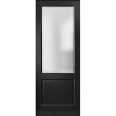 a black door with frosted glass on the top and bottom panel, in front of a white background