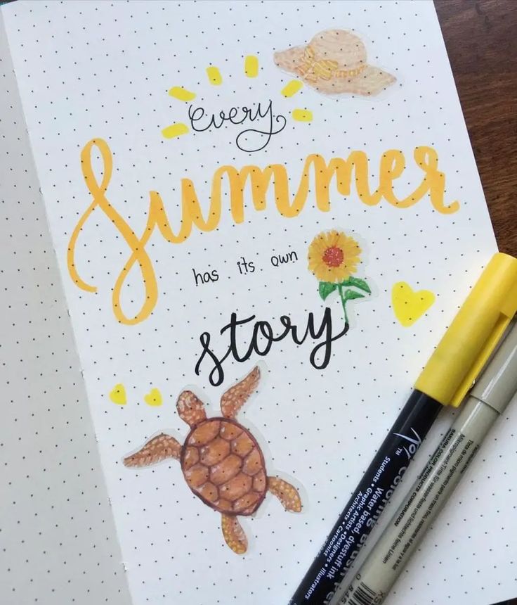 an open notebook with some markers next to it and a pen on the cover that says, every summer has its own story