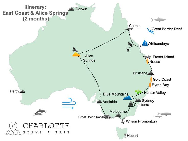 the map for australia's great barrier and its attractions, including sydney to melbourne