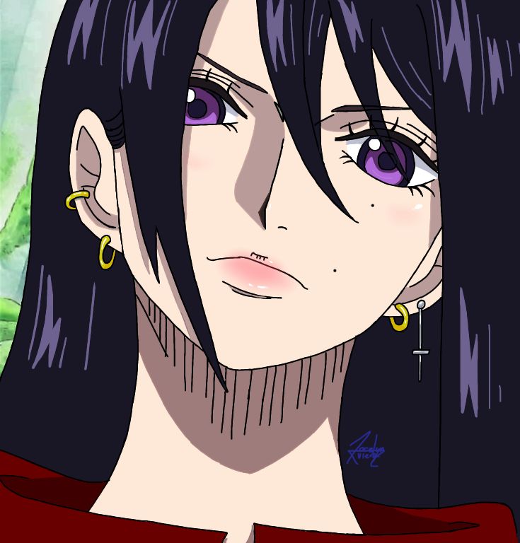 an anime character with purple eyes and long black hair, wearing gold earrings