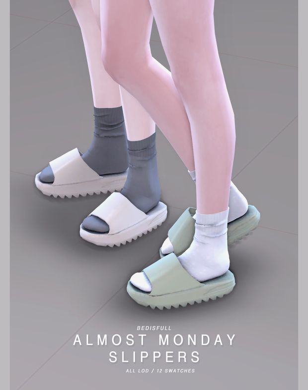 the legs and feet of two people wearing slippers with text that reads, almost monday slippers