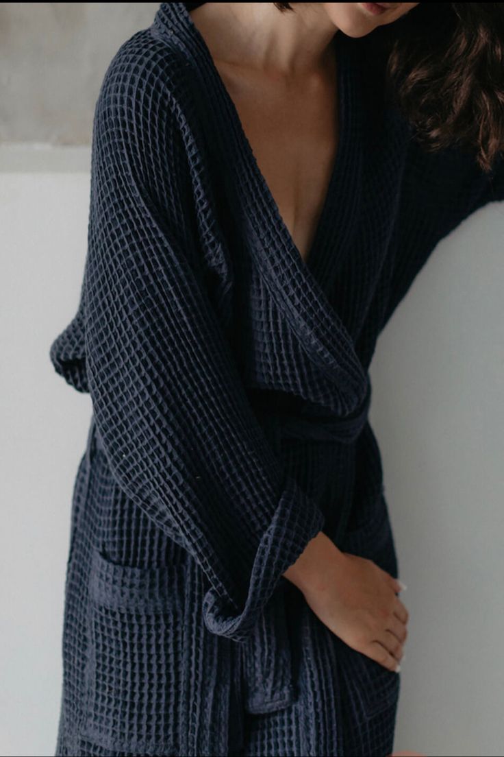 Ease into the day with this Waffle Organic Cotton Bath Robe in navy blue. This beautifully soft robe is made with organic cotton in a relaxed woven texture. Made with 100% organic cotton certified by the Global Organic Textile Standard (GOTS), the world's leading standard of textile production for organic fibres. This ensures it's made in a sustainable and ethical way throughout the textile supply chain. The robe has a relaxed fit with generously sized pockets and a belt that ties comfortably at Robe For Women, Linen Robe, Soft Robes, Adult Pajamas, Home Wear, Sustainable Clothing, Comfy Outfits, Clothing Items, Outfit Inspirations