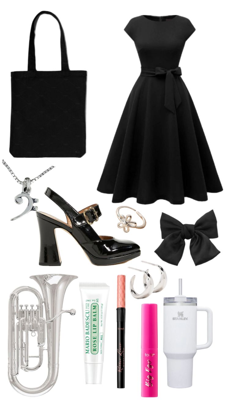 a woman's outfit and accessories including a black dress