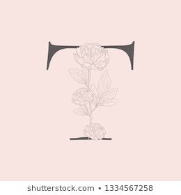 the letter f is made up of flowers and leaves on a pink background with black accents