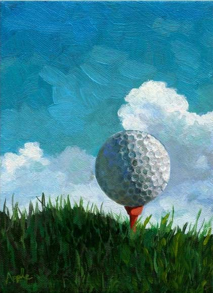 a painting of a golf ball sitting on top of a tee in the grass with blue sky and clouds behind it