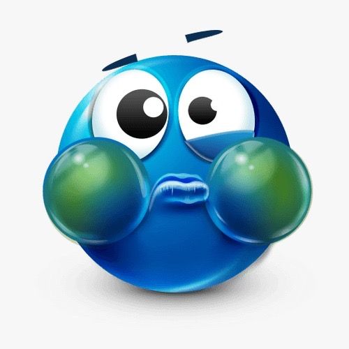 an emoticive blue smiley face with big eyes and green bubble around it's nose