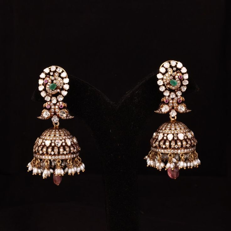 Mayuri Elegance Victorian Jhumkis Victorian Jhumkas, Buttalu Earrings Gold, Beads Haram, Gold Jhumkas, Diamond Jhumkas, Jhumkas Earrings, Buy Earrings Online, Antique Gold Jewelry Indian, Victorian Earrings