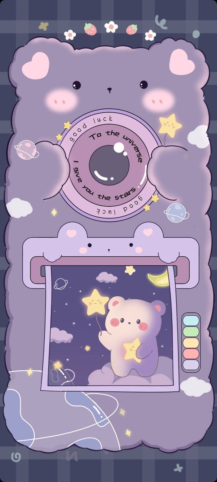 a cartoon bear is looking out the window at stars and moon in the night sky